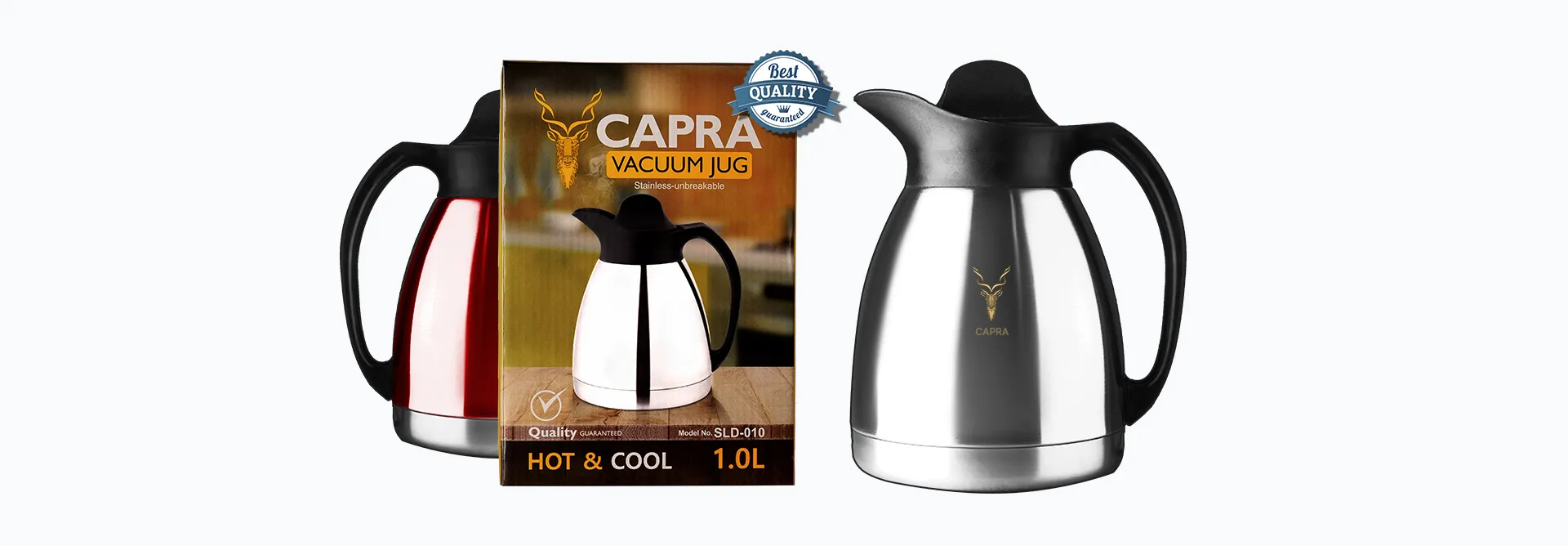 CAPRA vacuum jugs beside a cup of tea