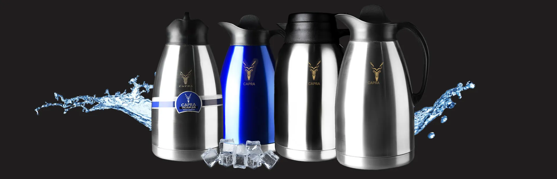 CAPRA stainless steel vacuum jugs in red, steel, blue and rose